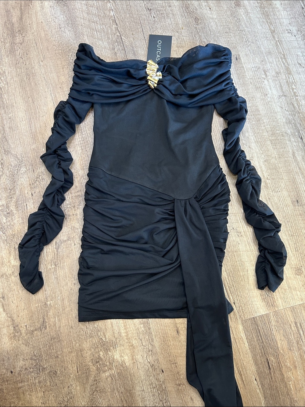 Black Off-Shoulder Ruched Mini Dress